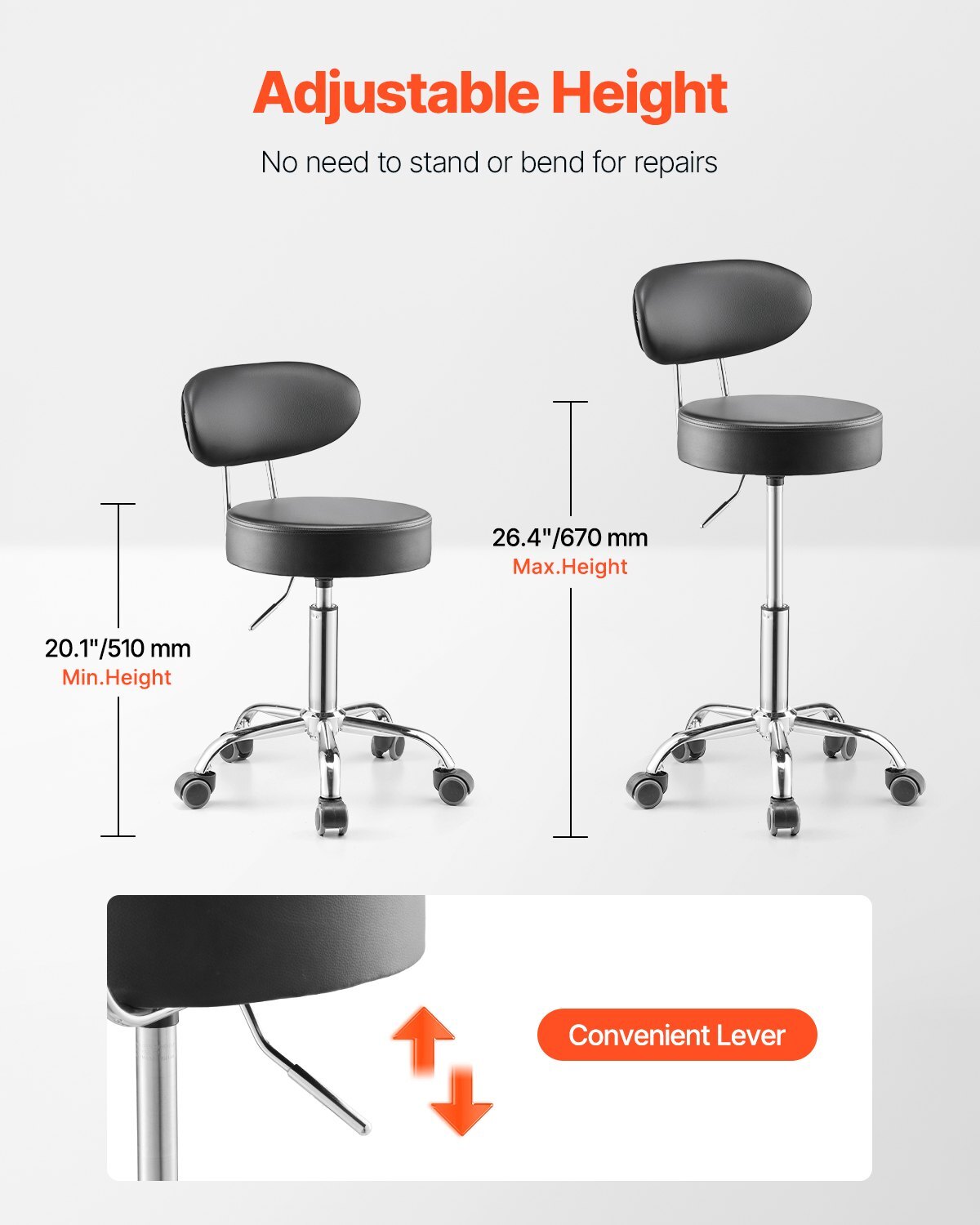 Shop Stool with Backrest, Pneumatic Garage Seat/Work Stool with Wheels, 300 lbs Load, Adjustable Roller Creeper Seat, 360? Swivel Padded Workshop Stool, for Garage, Shop & Auto Repair, Black