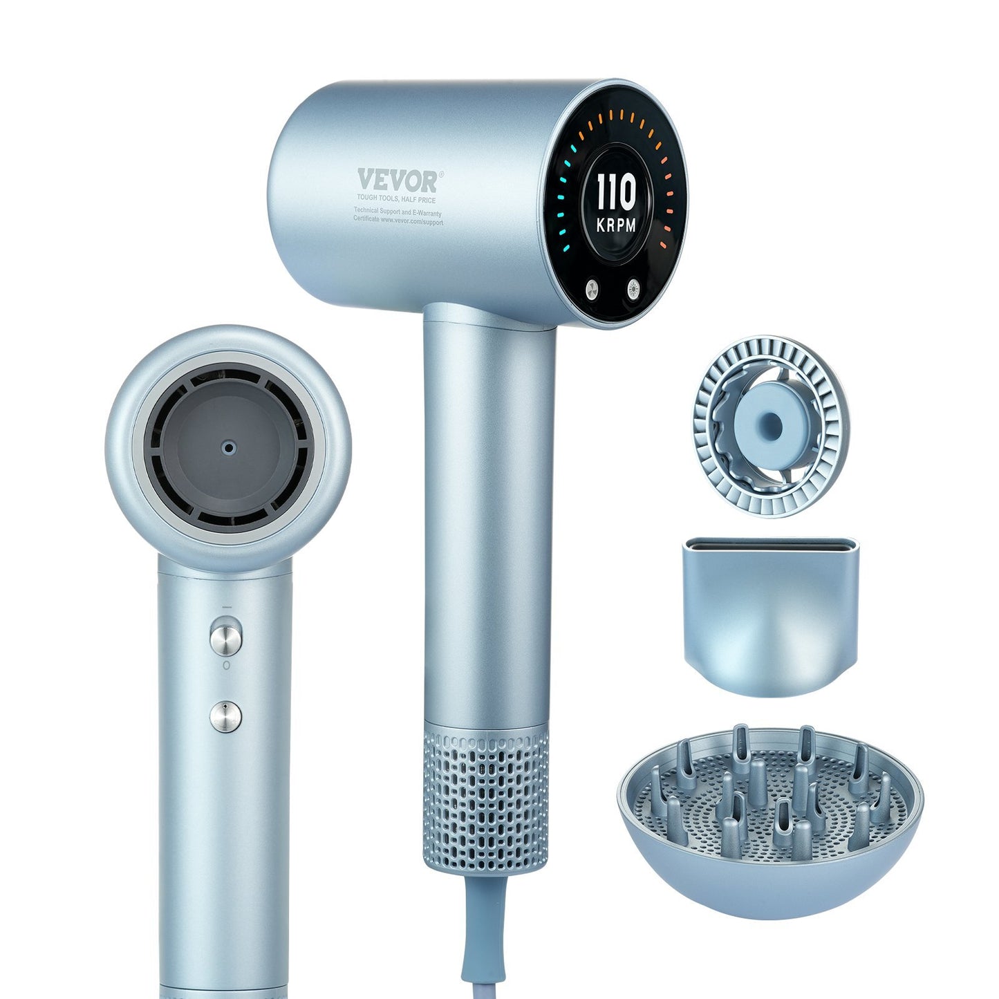 High-Speed Hair Dryer with 105,000RPM Brushless Motor, 200 Million Negative Ions Hair Blow Dryer, 4 Temps & 3 Speeds, LCD Display Thermo-Control Hairdryer with Diffuser & Nozzle for Home Travel