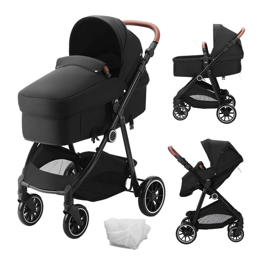 VEVOR Standard Baby Stroller, Infant Toddler Stroller with Bassinet, 3rd-Gear Adjustable Backrest & Foldable & Reversible Seat, Carbon Steel Newborn Stroller with Leg Cover and Mesh Net, Black