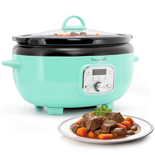 MegaChef 6.9 Quart Oval Electric Slow Cooker in Turquoise with Black Pot