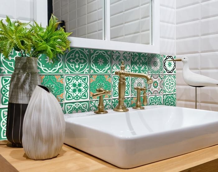 6" x 6" Green and White Mosaic Peel and Stick Removable Tiles