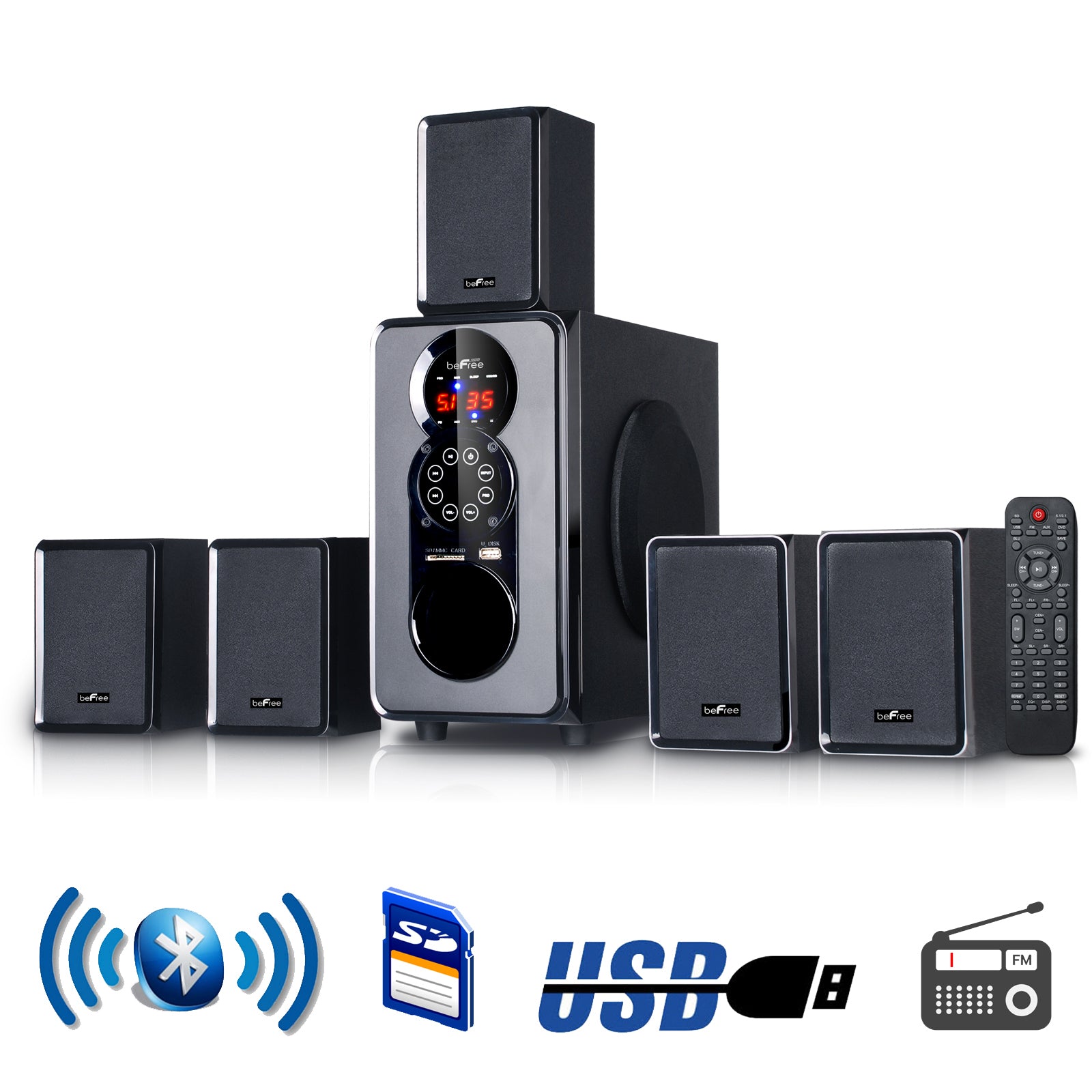 beFree Sound 5.1 Channel Surround Sound Bluetooth Speaker System in Black