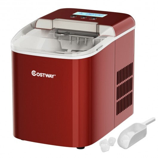 26 lbs Countertop LCD Display Ice Maker with Ice Scoop-Red - Color: Red