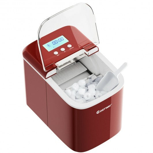 26 lbs Countertop LCD Display Ice Maker with Ice Scoop-Red - Color: Red