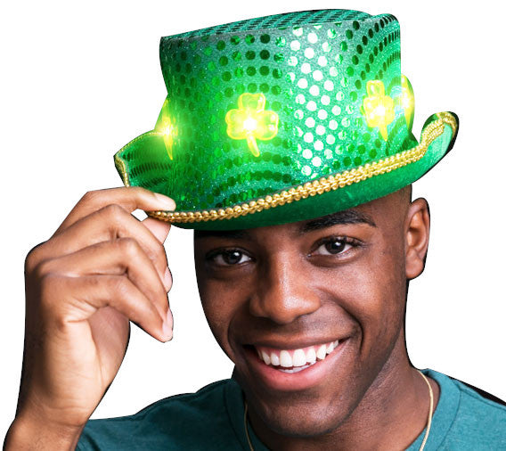 LED Green Clover Ultimate Sequin Plush Irish Top Hat with Shamrocks for St. Patrick?s Day