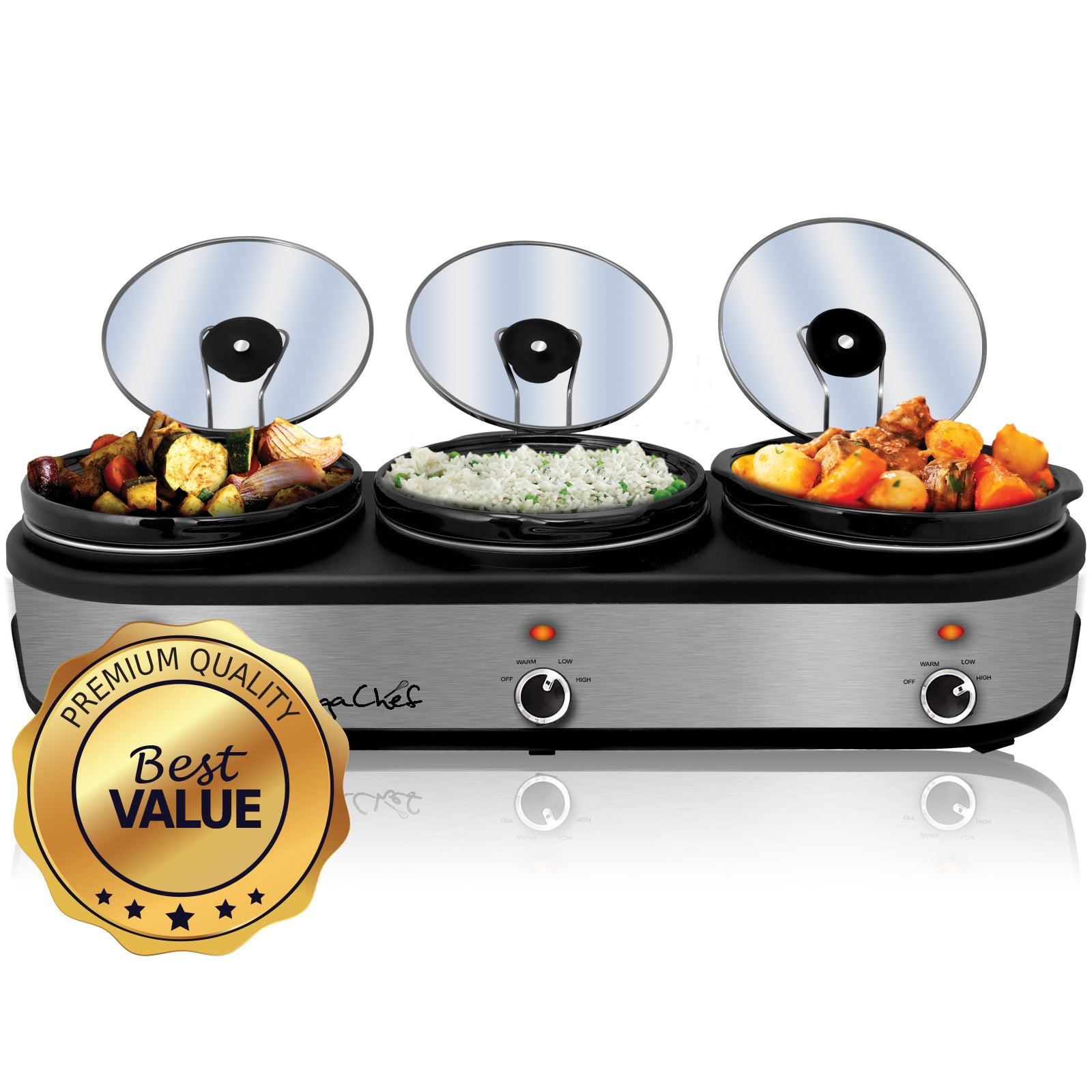 MegaChef Triple 2.5 Quart Slow Cooker and Buffet Server in Brushed Silver and Black Finish with 3 Ceramic Cooking Pots and Removable Lid Rests