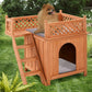 Wooden Dog House with Stairs and Raised Balcony for Puppy and Cat