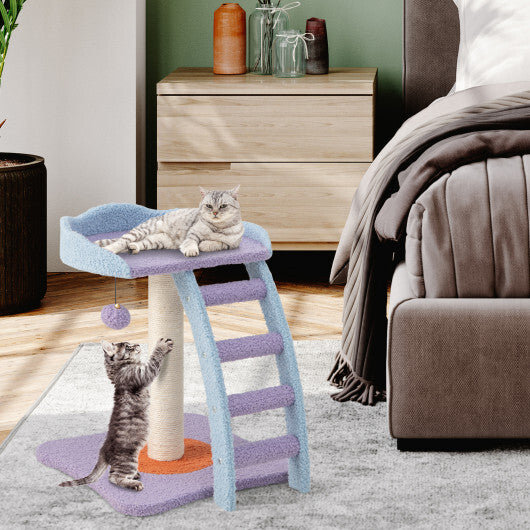 19 Inch Mohair Plush Cat Tree with Ladder and Jingling Ball-Purple - Color: Purple