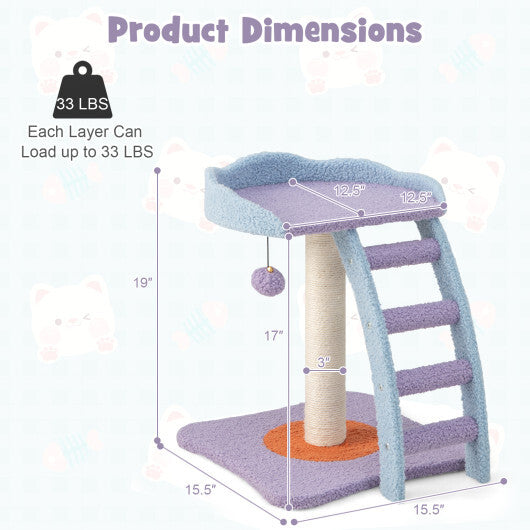 19 Inch Mohair Plush Cat Tree with Ladder and Jingling Ball-Purple - Color: Purple